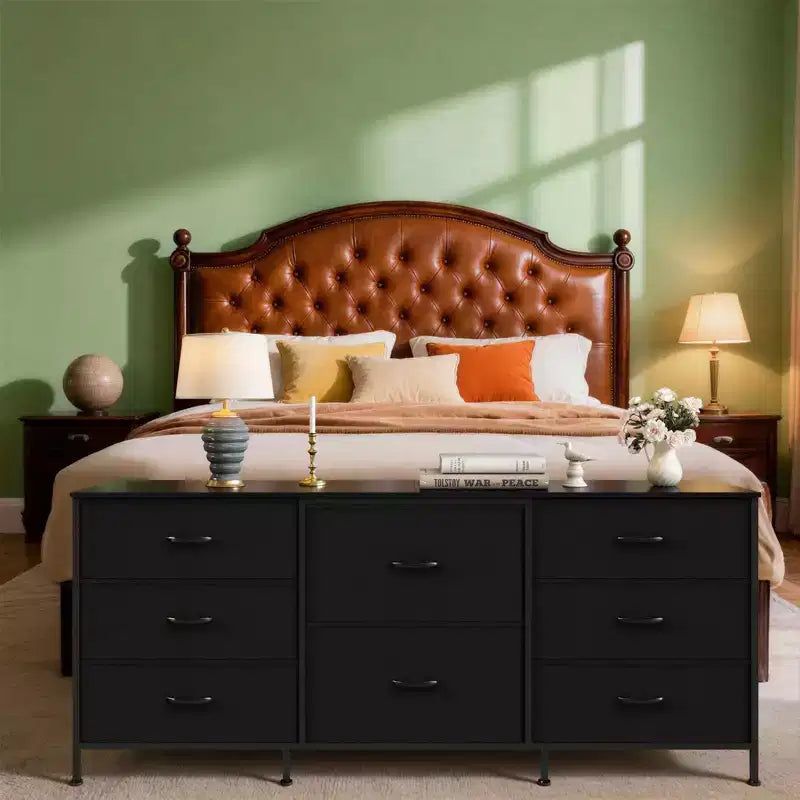 Meuble TV, Commode en tissu à 8 tiroirs avec plateau en bois, Centre de divertissement commode, Table console TV média moderne pour chambre à coucher et salon