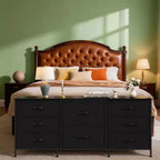 Meuble TV, Commode en tissu à 8 tiroirs avec plateau en bois, Centre de divertissement commode, Table console TV média moderne pour chambre à coucher et salon