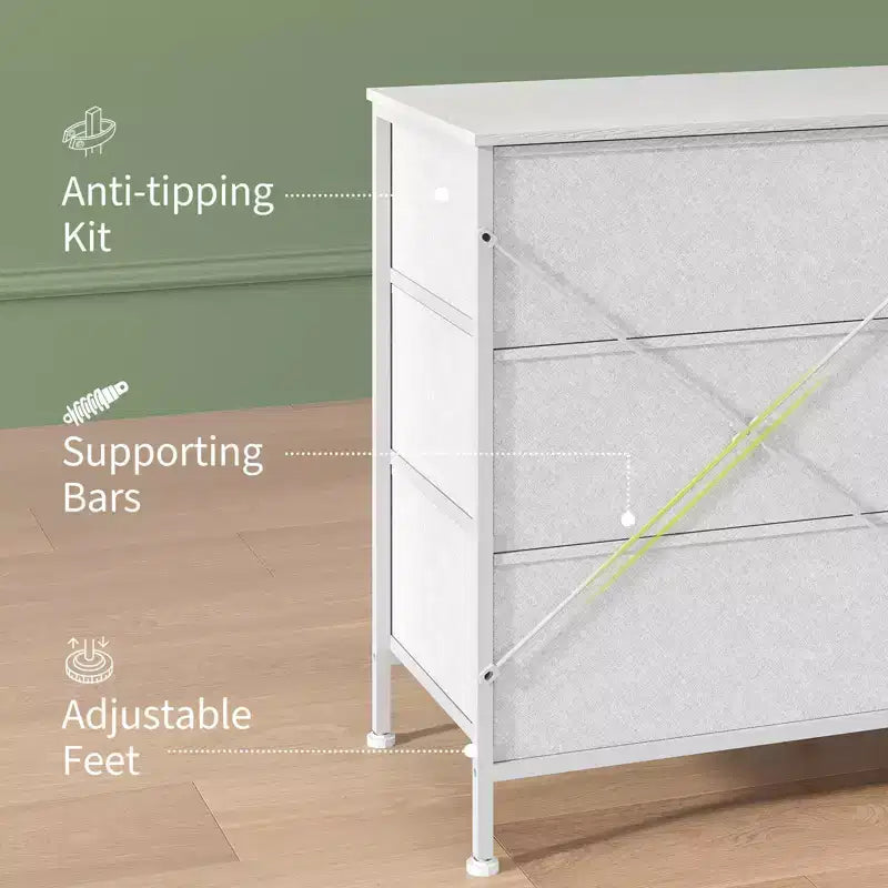 Meuble TV, Commode en tissu à 8 tiroirs avec plateau en bois, Centre de divertissement commode, Table console TV média moderne pour chambre à coucher et salon