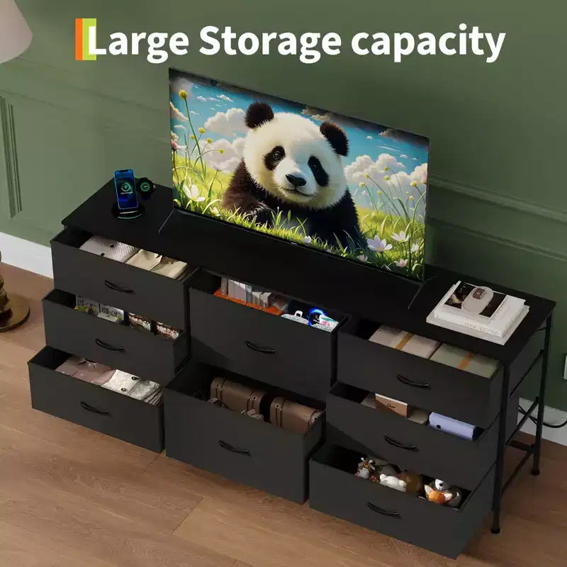 Meuble TV, Commode en tissu à 8 tiroirs avec plateau en bois, Centre de divertissement commode, Table console TV média moderne pour chambre à coucher et salon