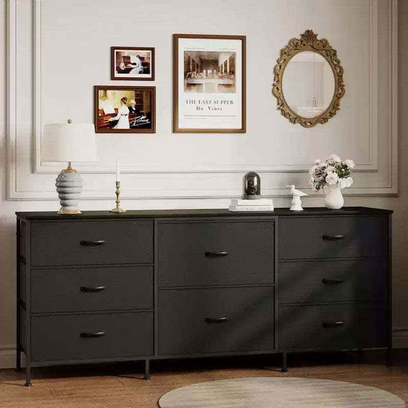 Meuble TV, Commode en tissu à 8 tiroirs avec plateau en bois, Centre de divertissement commode, Table console TV média moderne pour chambre à coucher et salon