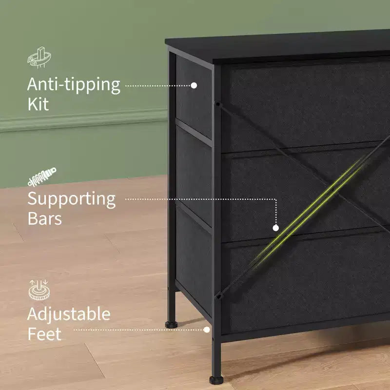 Meuble TV, Commode en tissu à 8 tiroirs avec plateau en bois, Centre de divertissement commode, Table console TV média moderne pour chambre à coucher et salon