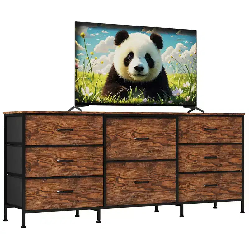 Meuble TV, Commode en tissu à 8 tiroirs avec plateau en bois, Centre de divertissement commode, Table console TV média moderne pour chambre à coucher et salon