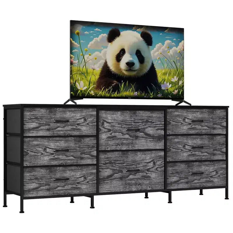 Meuble TV, Commode en tissu à 8 tiroirs avec plateau en bois, Centre de divertissement commode, Table console TV média moderne pour chambre à coucher et salon