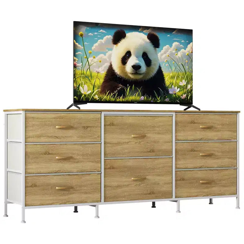 Meuble TV, Commode en tissu à 8 tiroirs avec plateau en bois, Centre de divertissement commode, Table console TV média moderne pour chambre à coucher et salon