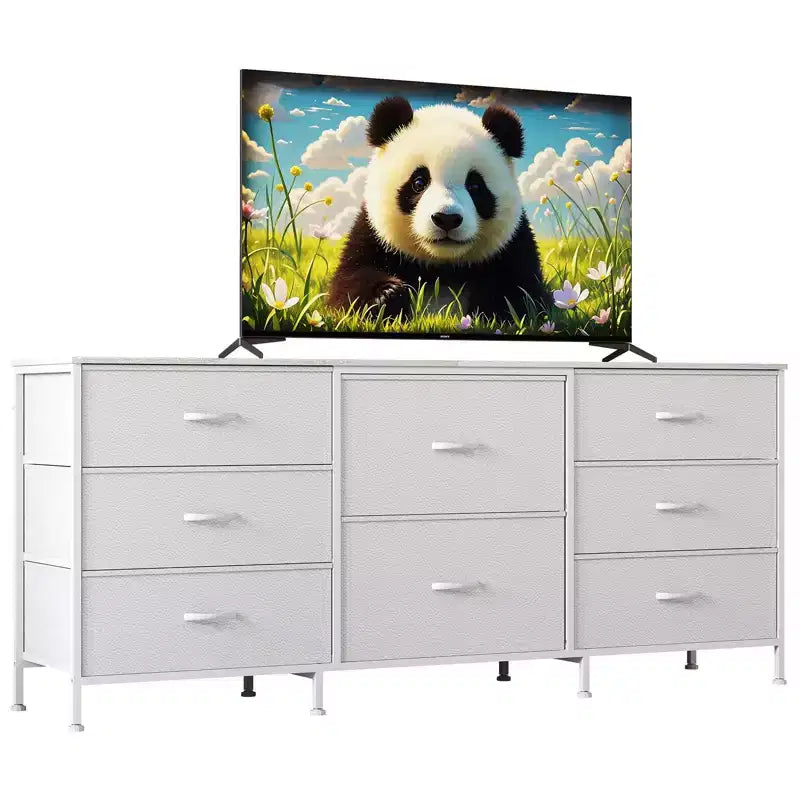 Meuble TV, Commode en tissu à 8 tiroirs avec plateau en bois, Centre de divertissement commode, Table console TV média moderne pour chambre à coucher et salon