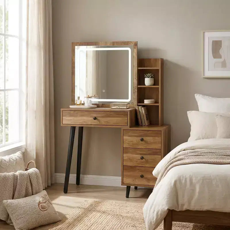 FurnitureR Makeup Vanity Desk with Sliding Mirror and Storage Shelves, Modern Dressing Table with Drawers for Bedroom Makeup Table with Storage