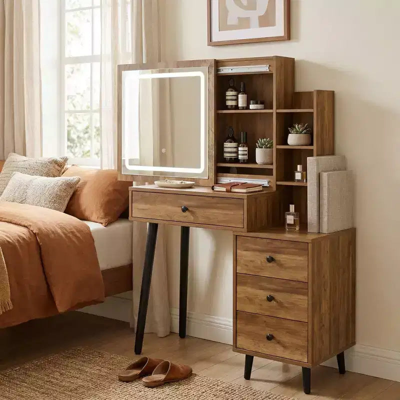 Coiffeuse de maquillage FurnitureR avec miroir coulissant et étagères de rangement, Table de chevet moderne avec tiroirs pour chambre à coucher, Table de maquillage avec rangement