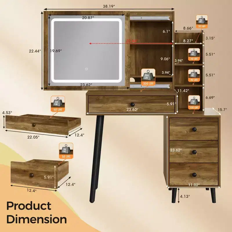 Coiffeuse de maquillage FurnitureR avec miroir coulissant et étagères de rangement, Table de chevet moderne avec tiroirs pour chambre à coucher, Table de maquillage avec rangement