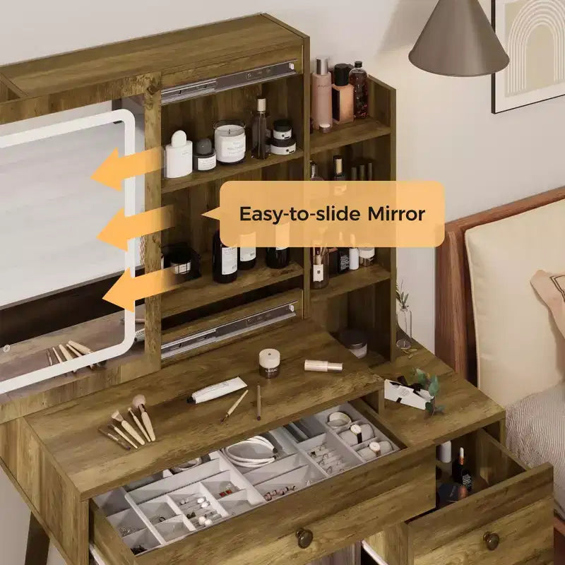Coiffeuse de maquillage FurnitureR avec miroir coulissant et étagères de rangement, Table de chevet moderne avec tiroirs pour chambre à coucher, Table de maquillage avec rangement