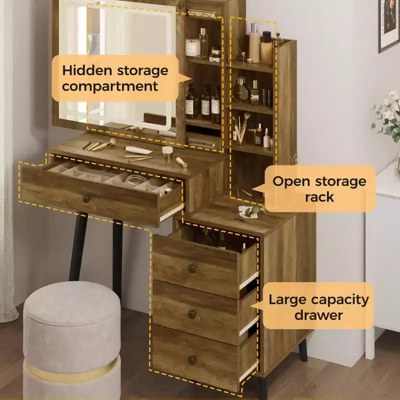 Coiffeuse de maquillage FurnitureR avec miroir coulissant et étagères de rangement, Table de chevet moderne avec tiroirs pour chambre à coucher, Table de maquillage avec rangement