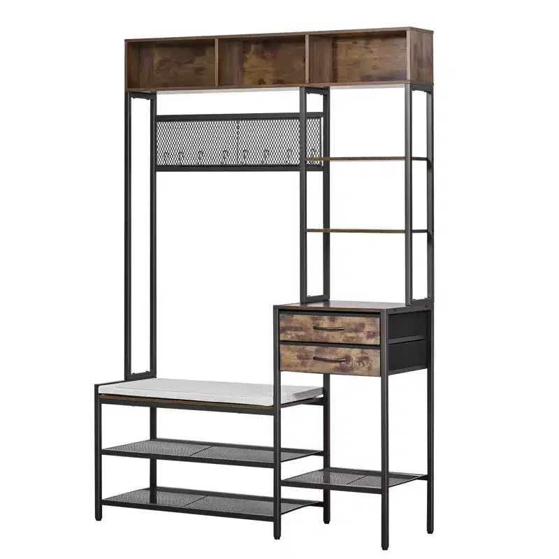 Portemanteau d'entrée, 180 cm, avec banc à chaussures et 2 tiroirs, rangement 3-en-1 autoportant avec étagère à livres et étagère grillagée