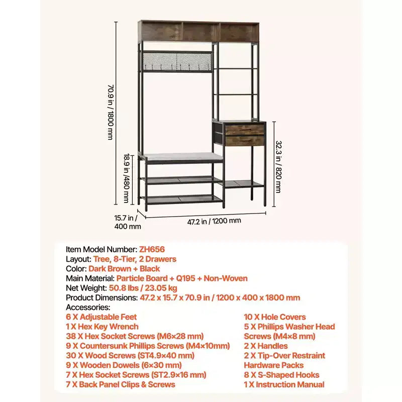 Portemanteau d'entrée, 180 cm, avec banc à chaussures et 2 tiroirs, rangement 3-en-1 autoportant avec étagère à livres et étagère grillagée