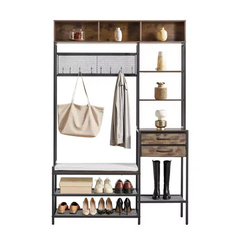 Portemanteau d'entrée, 180 cm, avec banc à chaussures et 2 tiroirs, rangement 3-en-1 autoportant avec étagère à livres et étagère grillagée
