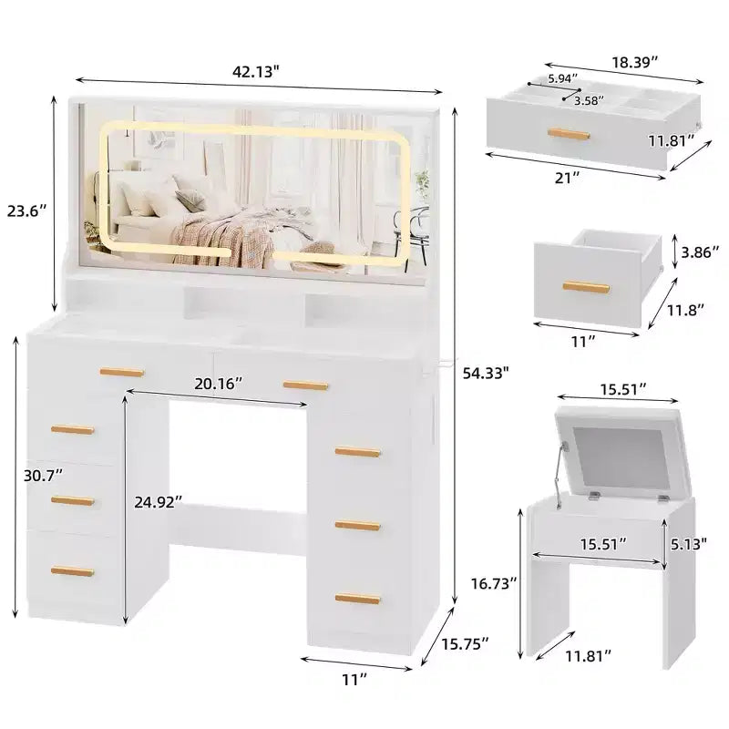 Coiffeuse avec miroir, coiffeuse de maquillage pour chambre à coucher avec 8 tiroirs et 1 chaise de coiffeuse, ensemble de coiffeuse moderne pour chambre à coucher, salle de bain