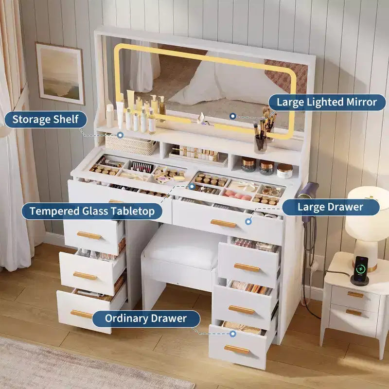 Coiffeuse avec miroir, coiffeuse de maquillage pour chambre à coucher avec 8 tiroirs et 1 chaise de coiffeuse, ensemble de coiffeuse moderne pour chambre à coucher, salle de bain