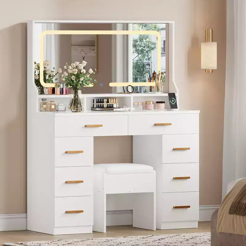 Coiffeuse avec miroir, coiffeuse de maquillage pour chambre à coucher avec 8 tiroirs et 1 chaise de coiffeuse, ensemble de coiffeuse moderne pour chambre à coucher, salle de bain