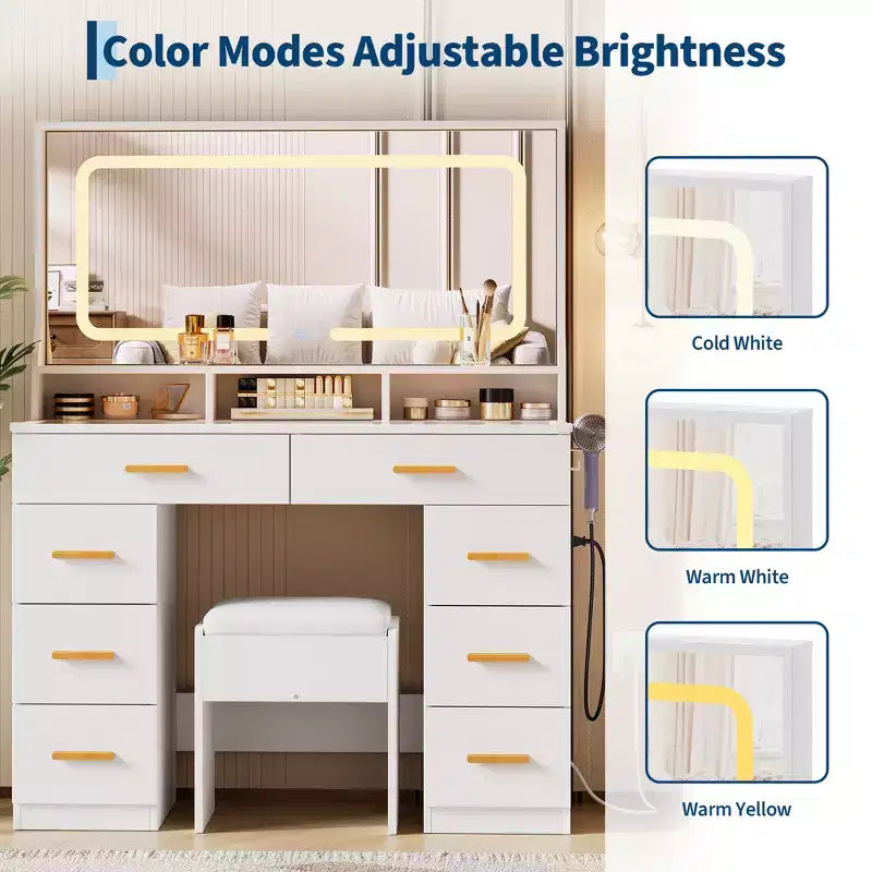 Coiffeuse avec miroir, coiffeuse de maquillage pour chambre à coucher avec 8 tiroirs et 1 chaise de coiffeuse, ensemble de coiffeuse moderne pour chambre à coucher, salle de bain