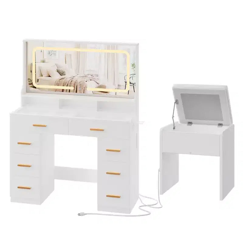 Coiffeuse avec miroir, coiffeuse de maquillage pour chambre à coucher avec 8 tiroirs et 1 chaise de coiffeuse, ensemble de coiffeuse moderne pour chambre à coucher, salle de bain