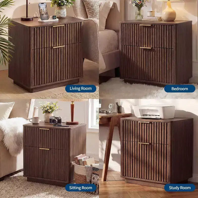 Table de chevet cannelée de 58,4 cm, 2 tiroirs en bois avec station de recharge, poignée en métal et profil incurvé, table d'appoint moderne pour chambre/salon