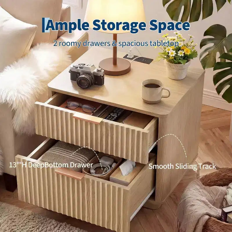 Table de chevet cannelée de 58,4 cm, 2 tiroirs en bois avec station de recharge, poignée en métal et profil incurvé, table d'appoint moderne pour chambre/salon