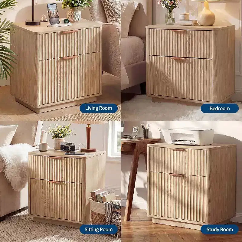 Table de chevet cannelée de 58,4 cm, 2 tiroirs en bois avec station de recharge, poignée en métal et profil incurvé, table d'appoint moderne pour chambre/salon