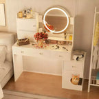 TYBOATLE Modern Makeup Vanity with Lights and Charging Station, Small Vanity Desk with Cat Hole and Multi-Tier Storage Shelves, White