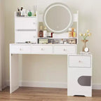 TYBOATLE Coiffeuse Moderne avec Lumières et Station de Recharge, Petite Coiffeuse avec Trou pour Chat et Étagères de Rangement Multi-Niveaux, Blanche