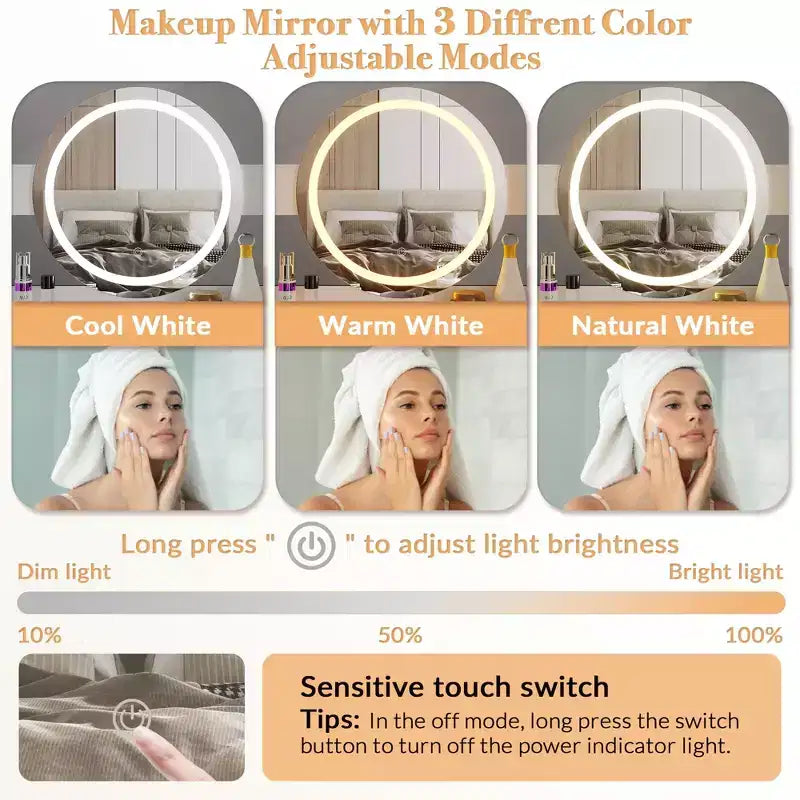 TYBOATLE Coiffeuse Moderne avec Lumières et Station de Recharge, Petite Coiffeuse avec Trou pour Chat et Étagères de Rangement Multi-Niveaux, Blanche
