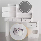 TYBOATLE Coiffeuse Moderne avec Lumières et Station de Recharge, Petite Coiffeuse avec Trou pour Chat et Étagères de Rangement Multi-Niveaux, Blanche