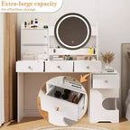 TYBOATLE Coiffeuse Moderne avec Lumières et Station de Recharge, Petite Coiffeuse avec Trou pour Chat et Étagères de Rangement Multi-Niveaux, Blanche