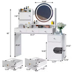 TYBOATLE Coiffeuse Moderne avec Lumières et Station de Recharge, Petite Coiffeuse avec Trou pour Chat et Étagères de Rangement Multi-Niveaux, Blanche