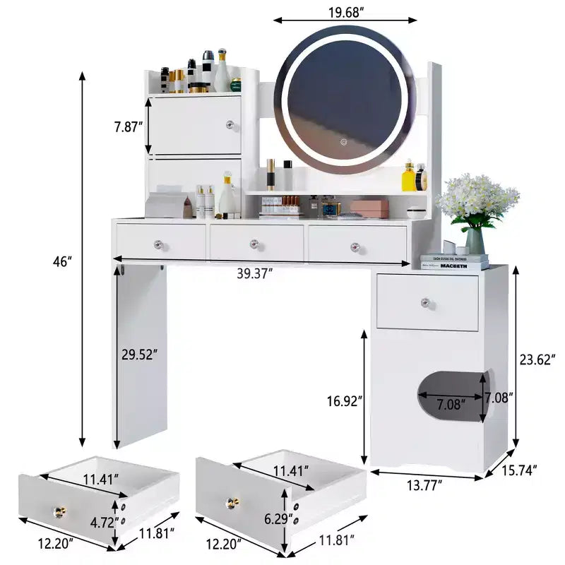 TYBOATLE Coiffeuse Moderne avec Lumières et Station de Recharge, Petite Coiffeuse avec Trou pour Chat et Étagères de Rangement Multi-Niveaux, Blanche