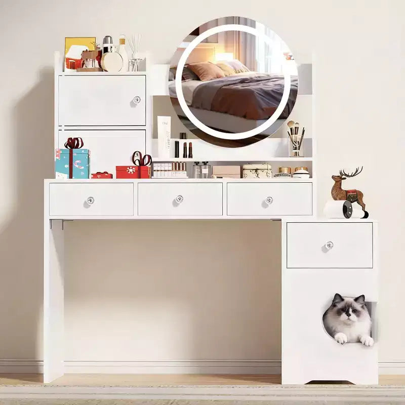 TYBOATLE Coiffeuse Moderne avec Lumières et Station de Recharge, Petite Coiffeuse avec Trou pour Chat et Étagères de Rangement Multi-Niveaux, Blanche