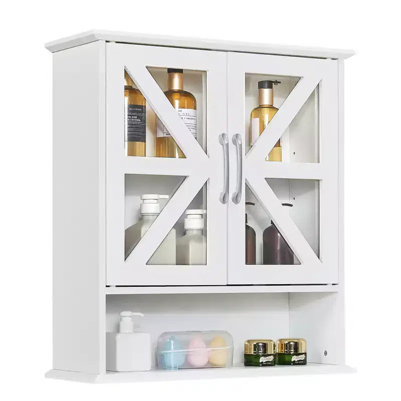 VECELO Wall-Mounted Bathroom Cabinet with X-Frame Glass Doors, Dual Storage Medicine Cabinet with Open Shelf for Bathroom/Kitchen, White