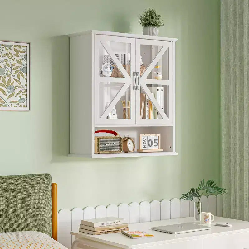 Armoire murale de salle de bain VECELO avec portes en verre en croix, armoire à pharmacie à double rangement avec étagère ouverte pour salle de bain/cuisine, blanche