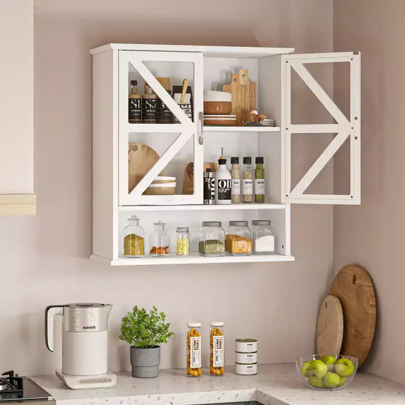Armoire murale de salle de bain VECELO avec portes en verre en croix, armoire à pharmacie à double rangement avec étagère ouverte pour salle de bain/cuisine, blanche