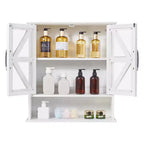 Armoire murale de salle de bain VECELO avec portes en verre en croix, armoire à pharmacie à double rangement avec étagère ouverte pour salle de bain/cuisine, blanche