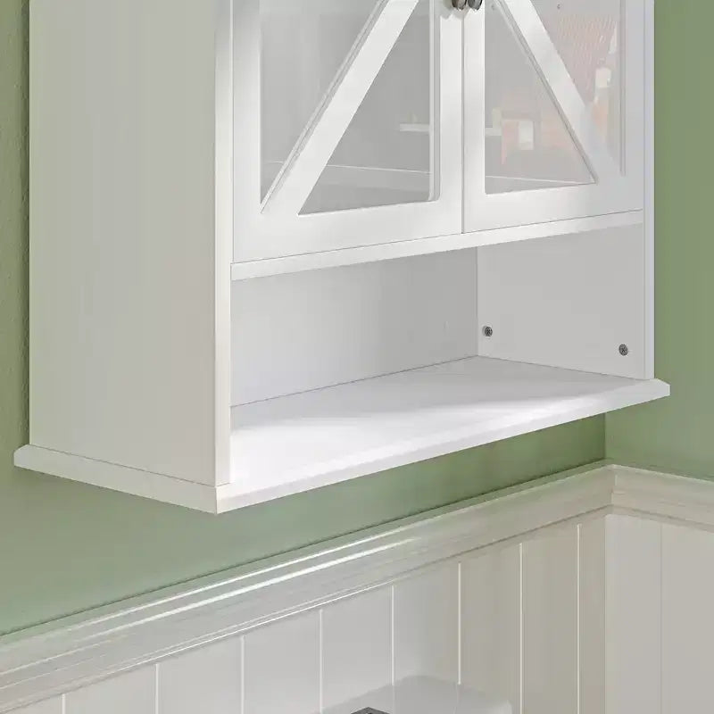 Armoire murale de salle de bain VECELO avec portes en verre en croix, armoire à pharmacie à double rangement avec étagère ouverte pour salle de bain/cuisine, blanche
