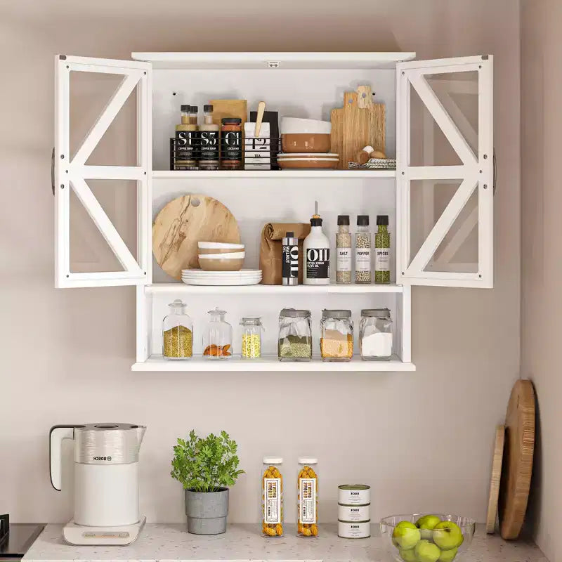 Armoire murale de salle de bain VECELO avec portes en verre en croix, armoire à pharmacie à double rangement avec étagère ouverte pour salle de bain/cuisine, blanche