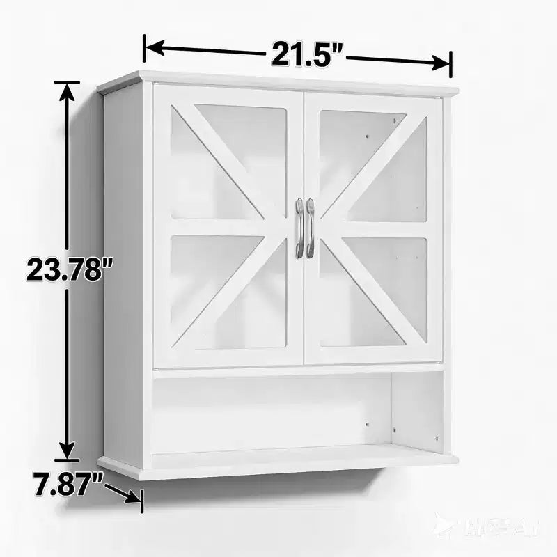 Armoire murale de salle de bain VECELO avec portes en verre en croix, armoire à pharmacie à double rangement avec étagère ouverte pour salle de bain/cuisine, blanche