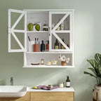 Armoire murale de salle de bain VECELO avec portes en verre en croix, armoire à pharmacie à double rangement avec étagère ouverte pour salle de bain/cuisine, blanche