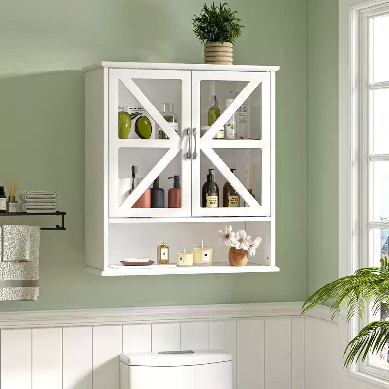 Armoire murale de salle de bain VECELO avec portes en verre en croix, armoire à pharmacie à double rangement avec étagère ouverte pour salle de bain/cuisine, blanche