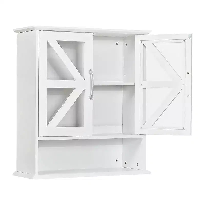 Armoire murale de salle de bain VECELO avec portes en verre en croix, armoire à pharmacie à double rangement avec étagère ouverte pour salle de bain/cuisine, blanche
