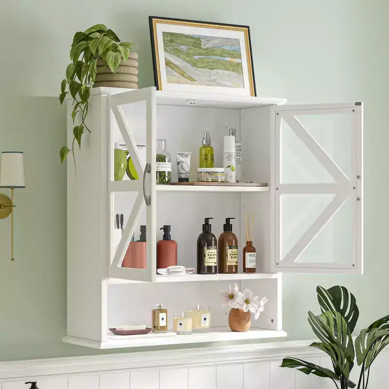 Armoire murale de salle de bain VECELO avec portes en verre en croix, armoire à pharmacie à double rangement avec étagère ouverte pour salle de bain/cuisine, blanche