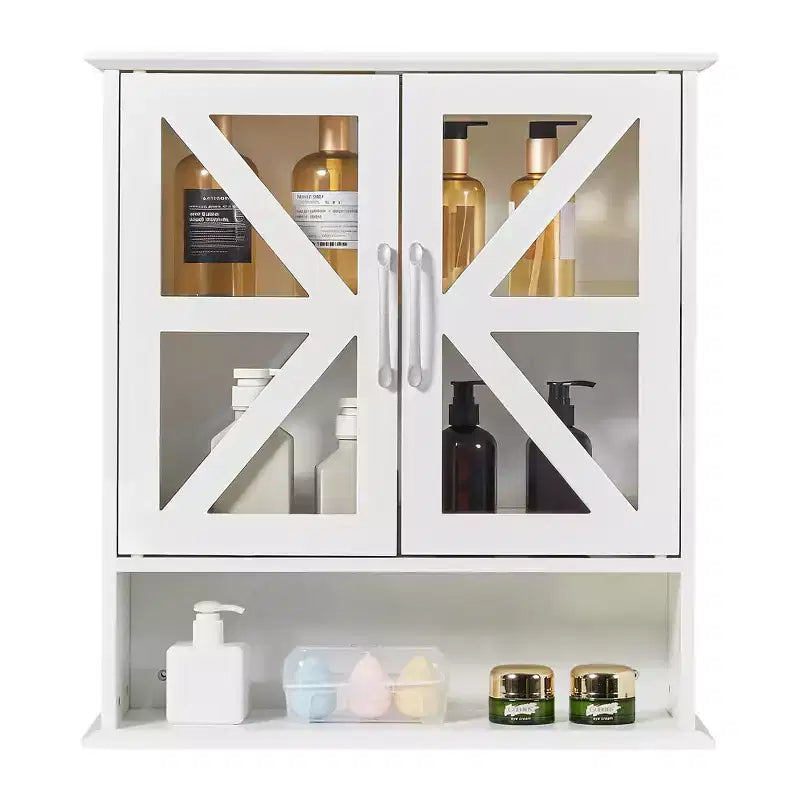 Armoire murale de salle de bain VECELO avec portes en verre en croix, armoire à pharmacie à double rangement avec étagère ouverte pour salle de bain/cuisine, blanche