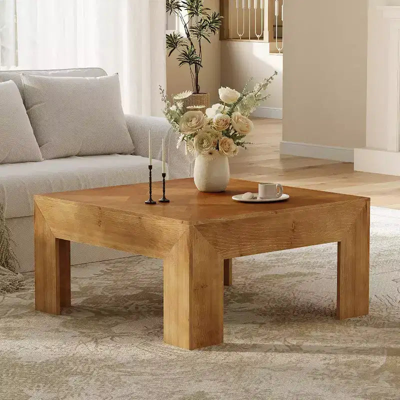 Lantine 39.4 Solid Wood Coffee Table with Intricate Inlaid Top & Sturdy Legs, Rustic Center Tables for Living Room, Easy Assembly, Brown