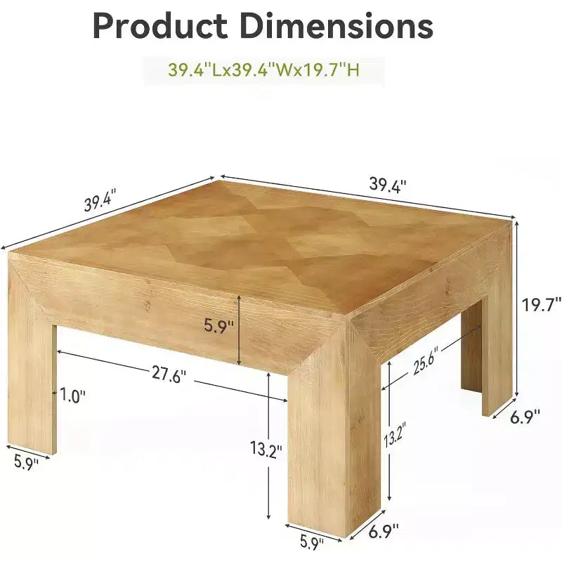 Lantine 39.4 Table basse en bois massif avec plateau incrusté complexe et pieds robustes, tables centrales rustiques pour salon, montage facile, marron