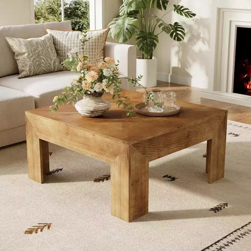 Lantine 39.4 Table basse en bois massif avec plateau incrusté complexe et pieds robustes, tables centrales rustiques pour salon, montage facile, marron