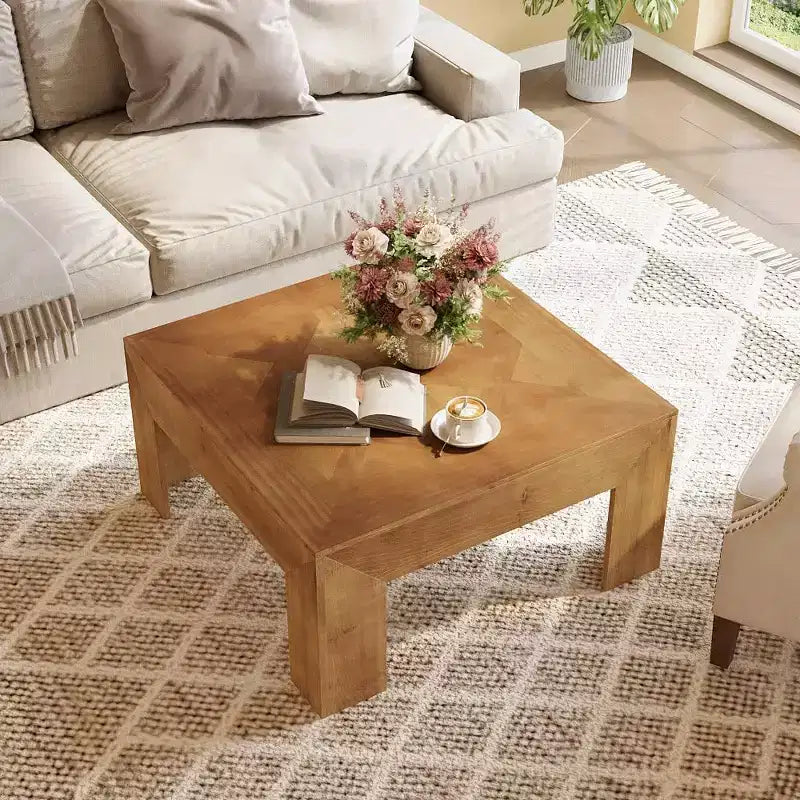 Lantine 39.4 Table basse en bois massif avec plateau incrusté complexe et pieds robustes, tables centrales rustiques pour salon, montage facile, marron